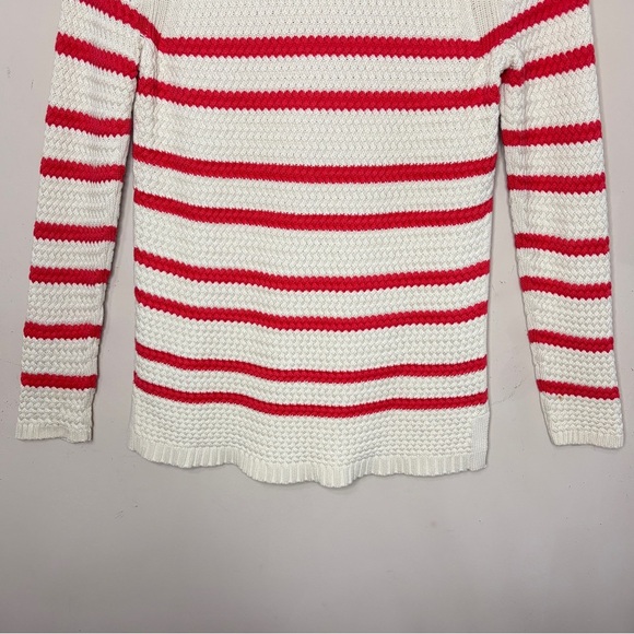 TALBOTS Coral & Beige Striped Cable Knit Crewneck Sweater, Medium Petite - Picture 7 of 10